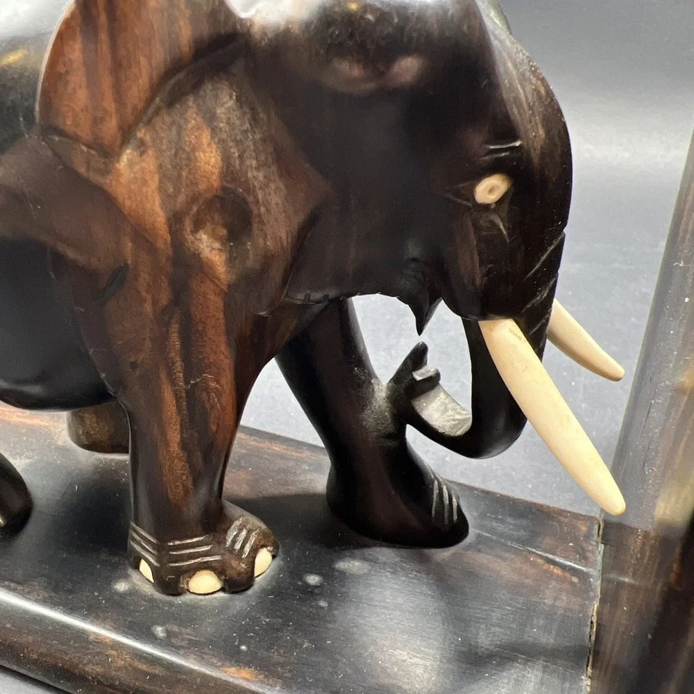 Vintage Hand Carved Nacassar Ebony Elephant Bookends Sliding Dovetail Pair Heavy